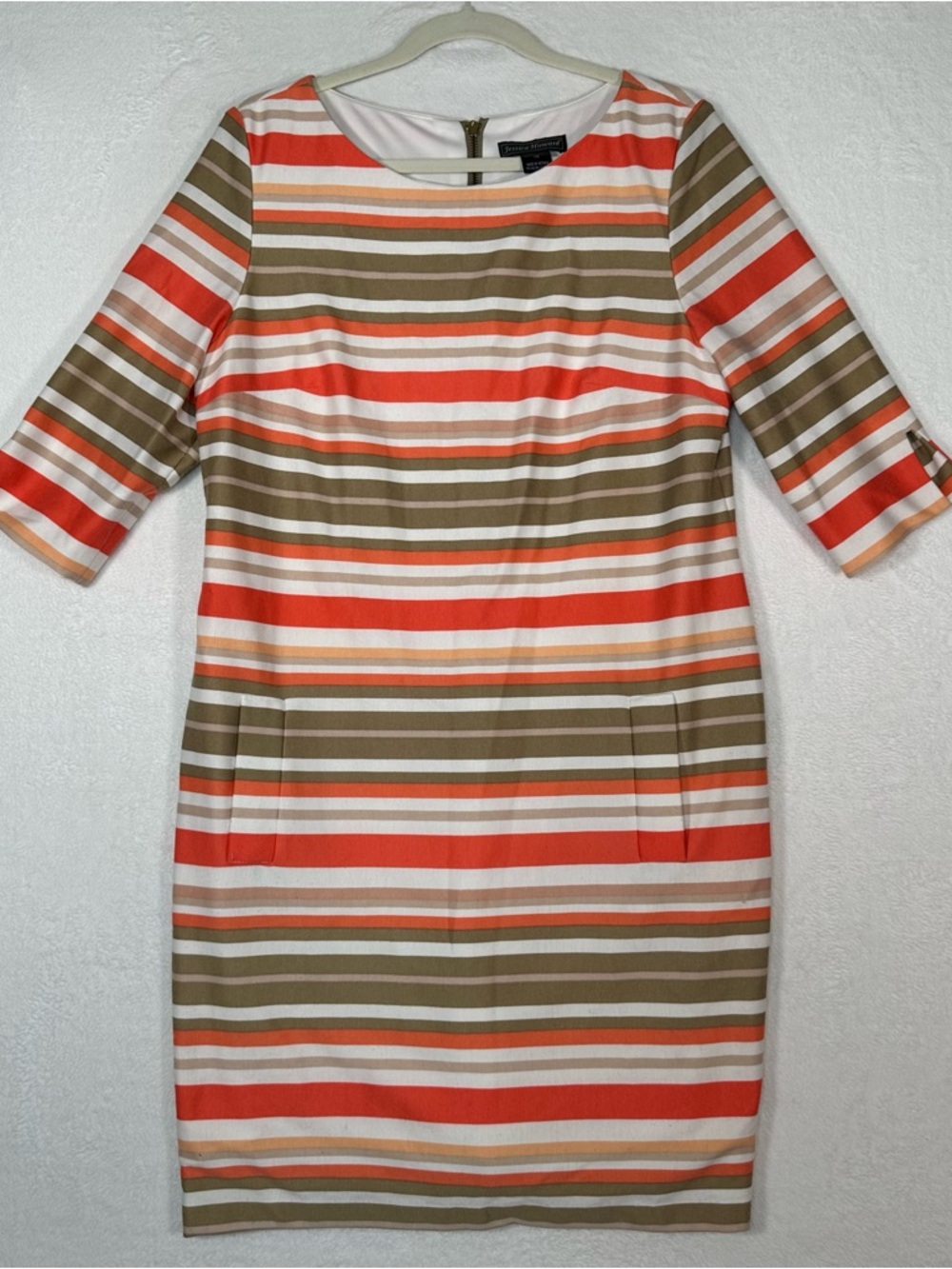 Jessica Howard Striped Sheath Dress‎ 16 Orange Olive Tan Neo-Minimalist Mod Work